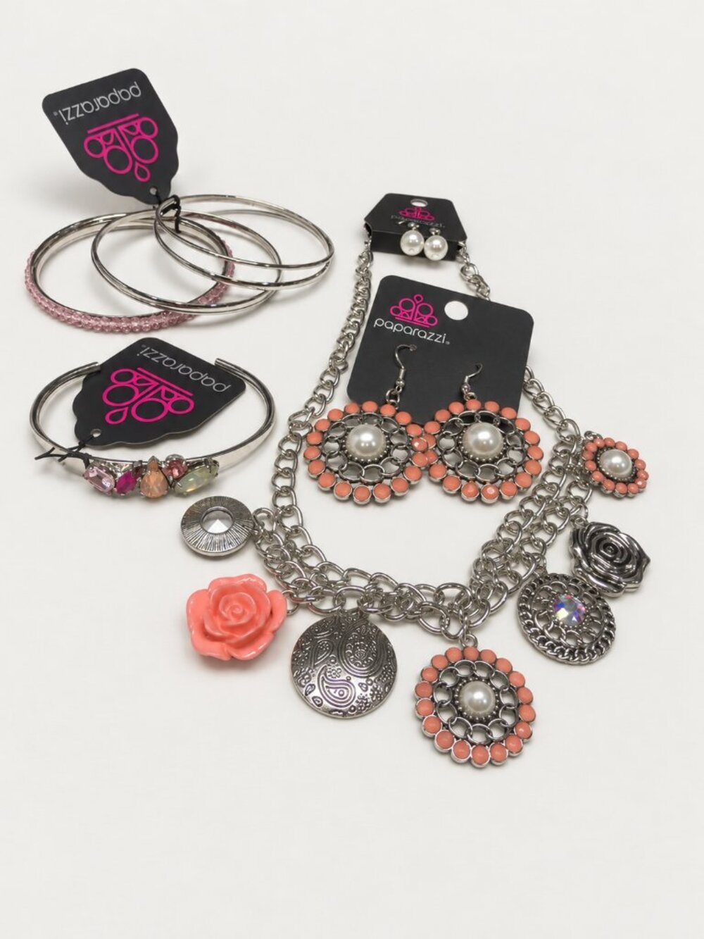 Paparazzi Coral Pearl-Look Jewelry Bundle Necklace Earrings Cuff Bangles